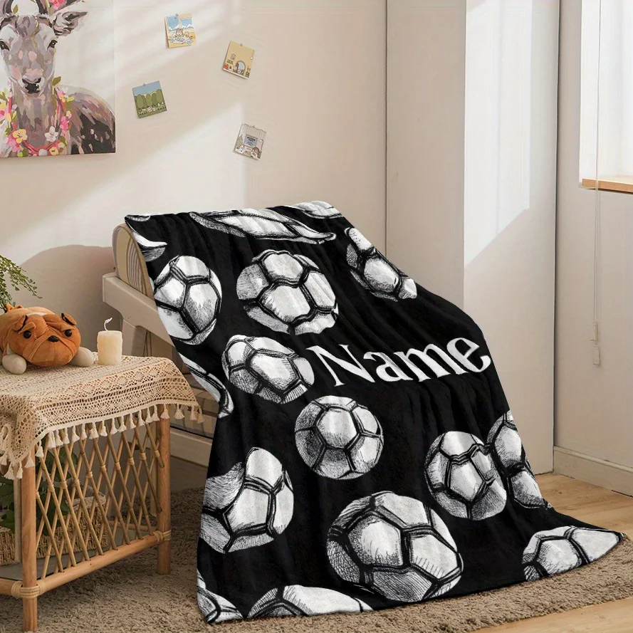 Custom name football themed fleece blanket, suitable for sofa, bed, birthday, children, boys, friends, gifts
