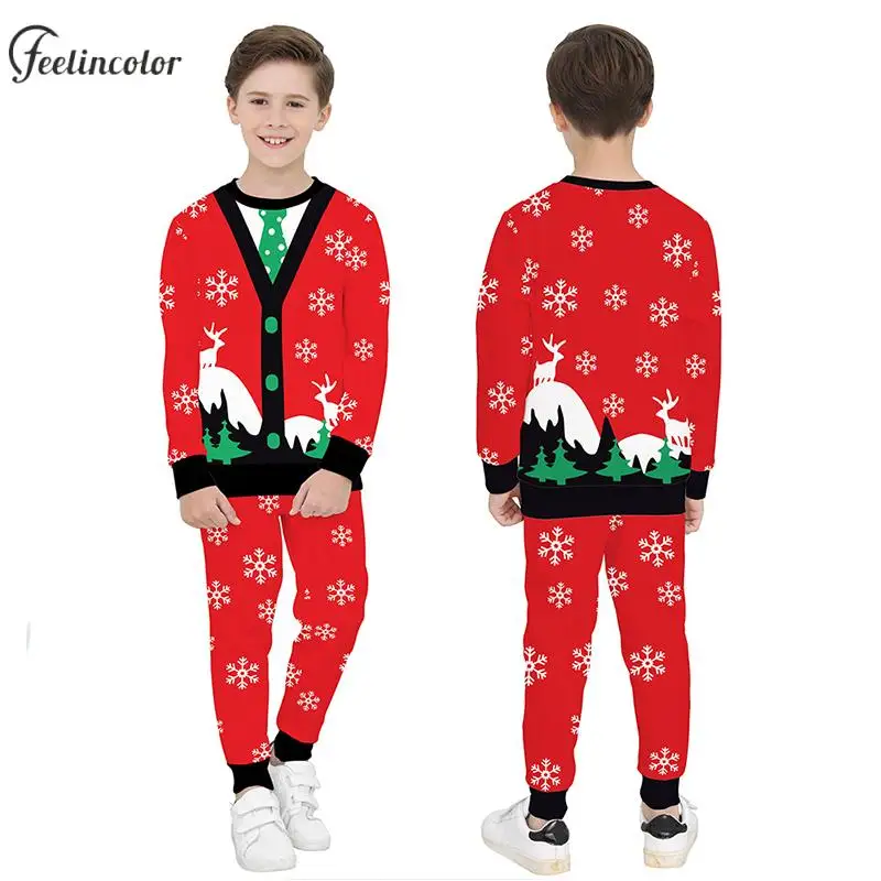 Crewneck Sweatershirt for Kid Christmas Tracksuit Fake Two Pieces Xmas Pullover Holiday Streetwear New Year Child Clothing