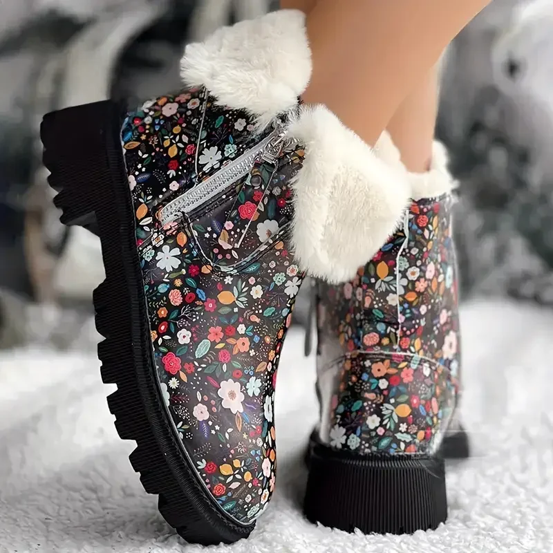 Botas de mujer con estampado Floral, zapatos mullidos con cremallera lateral de invierno para mujer, zapatos de terciopelo para nieve, botines cálidos de algodón, nuevo Bottine Femme