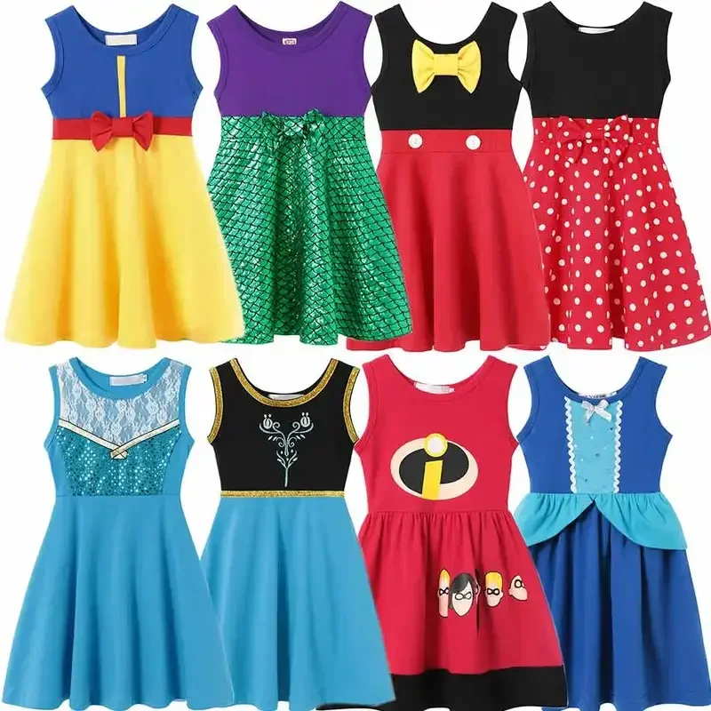AA Cute Girls Princess Dresses Cotton Sleeveless Casual Clothing Toddlers Sleeping Beauty Snow White Minnie Birthday P 2025 New