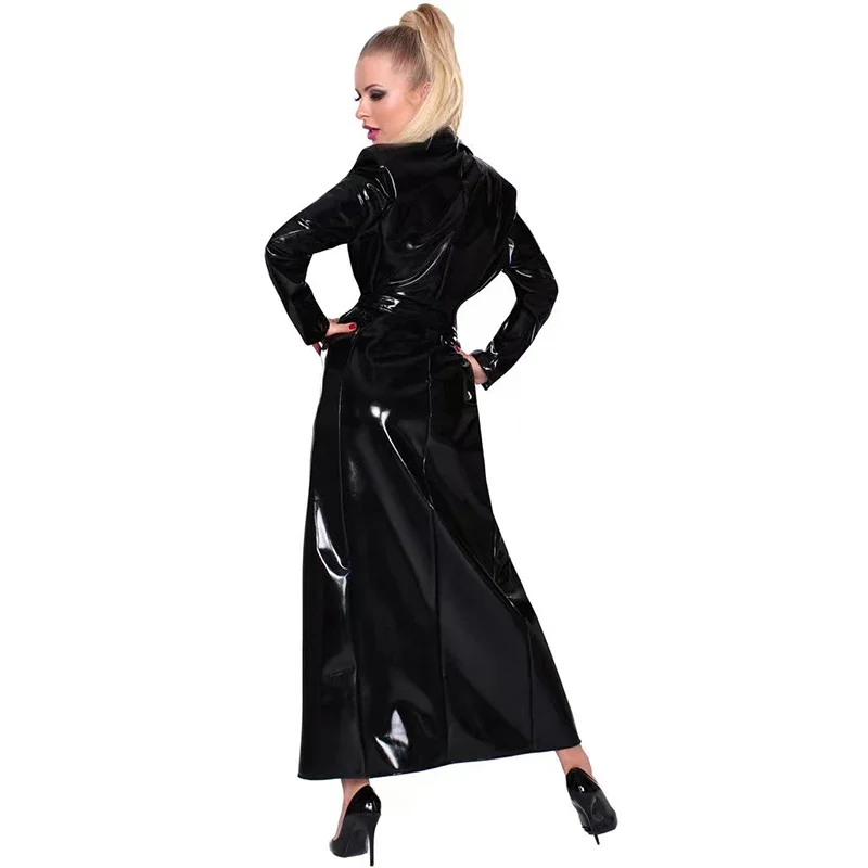 Women Shiny Patent Leather Long Jacket Fashion Faux Latex Laple Trench Coat Outerwear With Belt Single Breasting Overcoat Custom