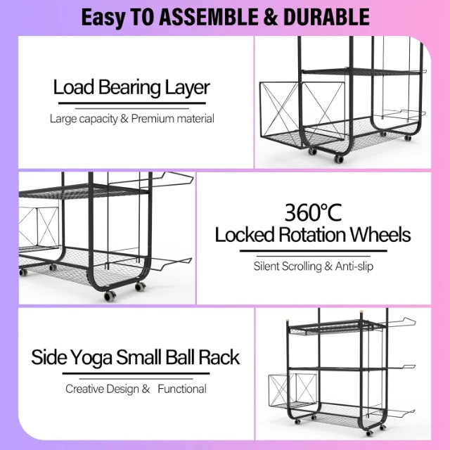 組み立て簡単なホームジム用メタルオーガナイザー、ホイールとフック付き、ヨガマット、バスケットボールオーガナイザー