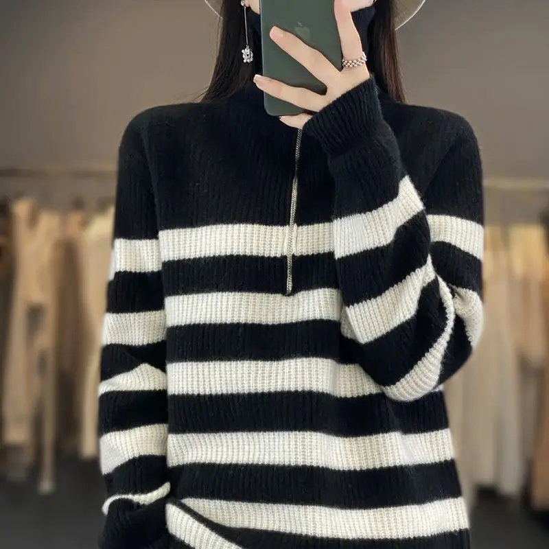 Stylish Striped Korean Turtleneck Jumpers Casual Zipper Turn-down Collar Autumn Winter Female Clothing Loose Knitted Sweaters