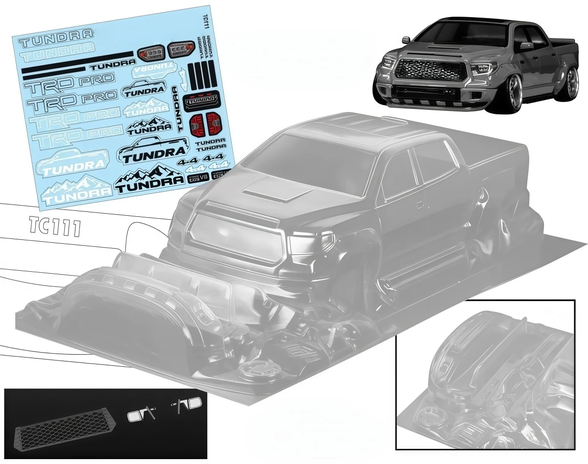 1/10 Tundra Widebody Clear Drift Pickup Body Shell 200mm Width With Light Bucket +Mirror and Decal For 1:10 RC Drift Touring Car