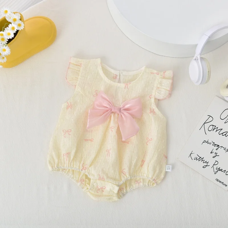 Summer Baby Girls Bodysuit with 3D Bow Cute Sweet Sleeveless Ruffle Bodysuit for Newborn Cotton Toddler One Peice Infant Onesie