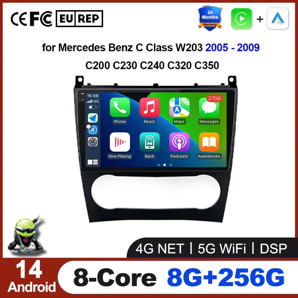 

Wireless CarPlay Android 14 Auto Radio for Mercedes Benz C Class W203 2005 - 2009 C200 C230 C240 C320 C350 Video Player