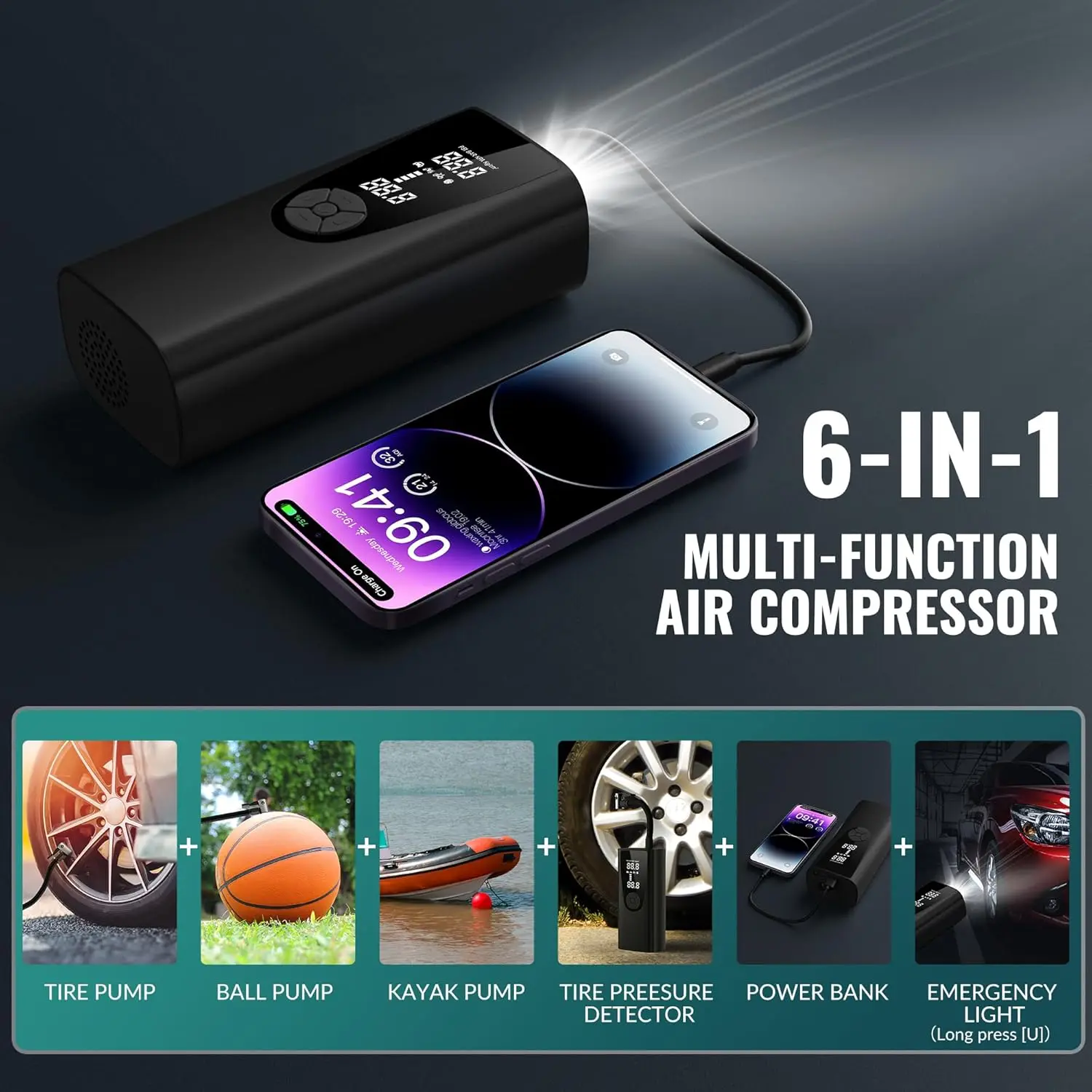 Portable Air Compressor for Car Tires, 180PSI Fast Inflation, Cordless with Pressure Gauge for Motorcycle Bicycle Ball