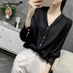 Blusa elegante y sencilla de encaje para mujer, camisa informal de moda coreana para oficina y negocios, Tops de manga larga con cuello en V