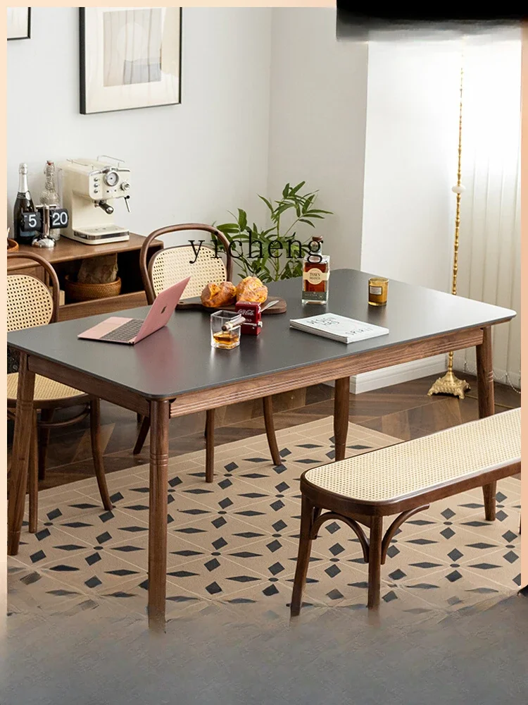 Stone Plate Dining Table Household Black Walnut Solid Wood Rectangular Dining Table Dining Tables and Chairs Set