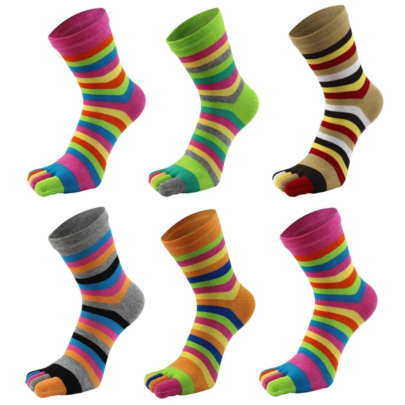 6 Pairs Women Cotton Five Finger Socks Rainbow Striped Toe Separated Hosiery