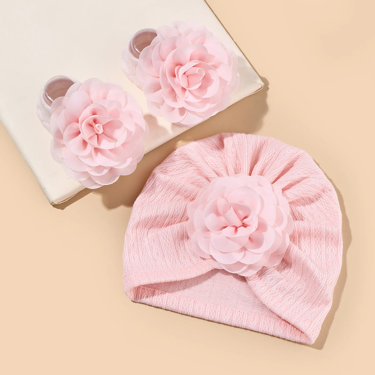 2Pcs/set Baby Girls Flower Cap and Socks Set Newborn Cute Floral Short Tube Sock+ Turban Hat  Spring Thin Infant Indian Caps