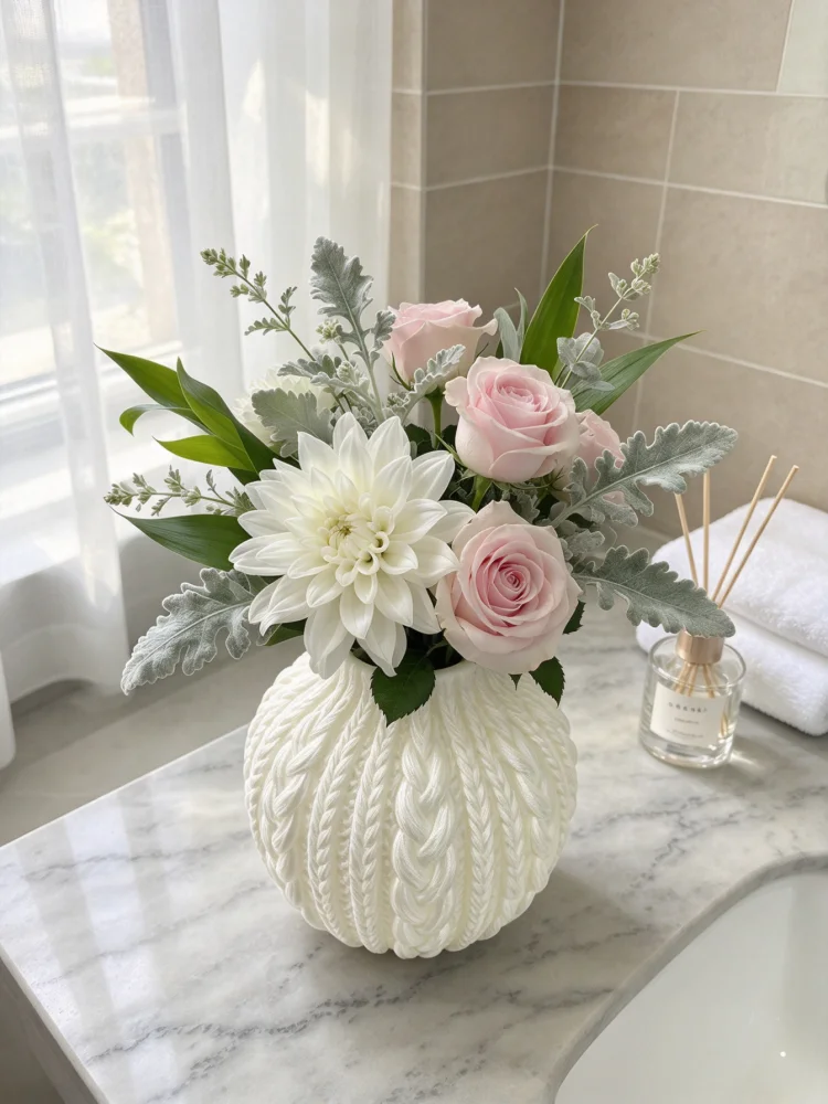 Scandinavian-Style Milky White Cable-Knit Vase with 3D Printed Texture, Drum-Shaped Tabletop Flower Vessel. Soft Milky White Tones Create a Relaxed and Healing Atmosphere. Three-Dimensional Woven Texture Captures the Warmth of Knitting. Suitable for Wabi-Sabi, Nordic, and Minimalist Home Decor. Can Be Placed on Entryway Tables, Coffee Tables, Bedroom Dressing Tables. Suitable for Dried Flowers and Fresh Flowers. It Is Both a Small Flower Container and a Soft Decorative Piece. It Effortlessly Enhances the Sophistication of the Space