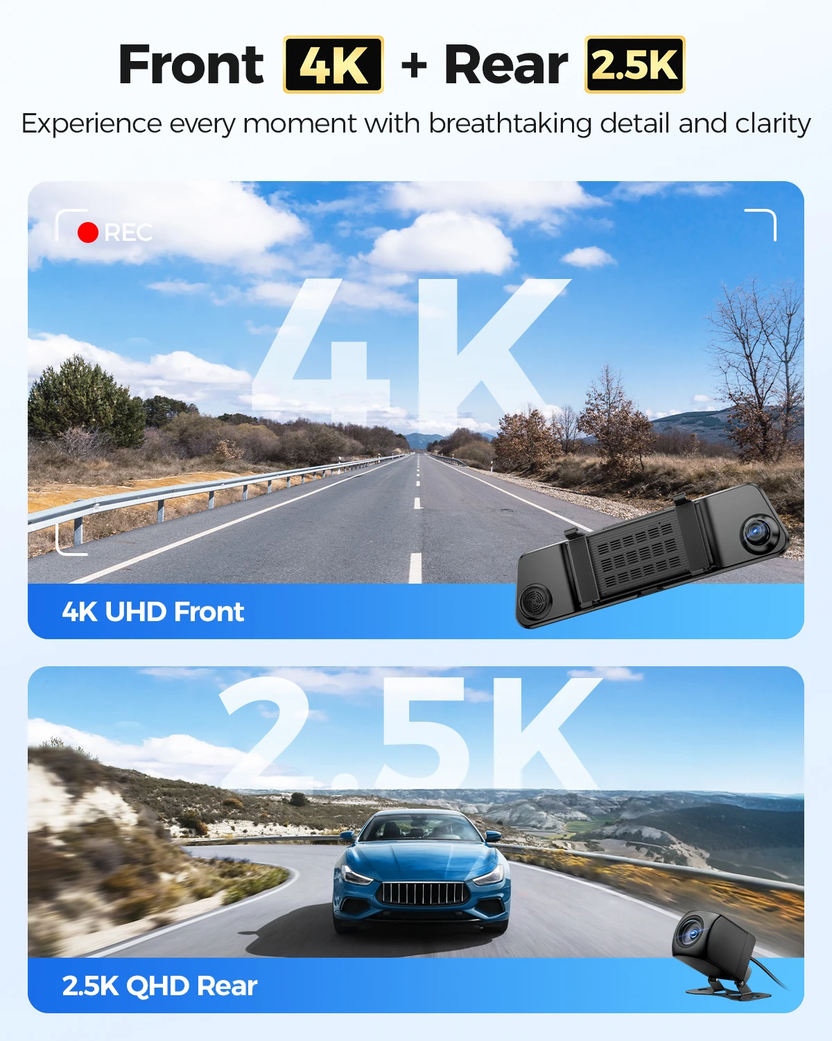 AZDOME PG17 MAX Front and Rear Dash Cam 12 Inch Touch Screen Car DVR 4K+2.5K Rearview Mirror Camera GPS WIFI Voice Control ADAS