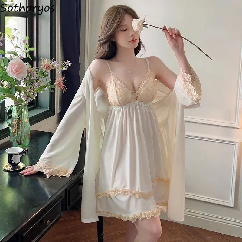 

Sexy Robe Gown Sets Women Autumn Gentle Aesthetic Lace Patchwork Sleepwear Casual Elegant Females All-match Ins 2 Pcs Loungewear