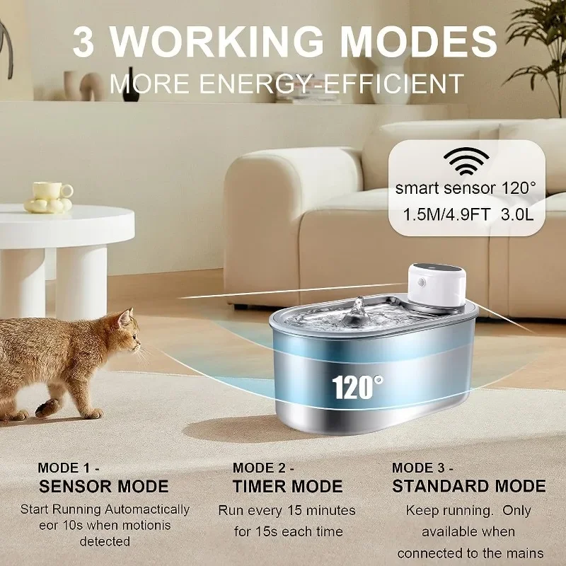 

3L Wireless Stainless Steel Cat Water Fountain Ultra Quiet Pet Water Dispenser Auto Drinker Motion Sensor Dispenser