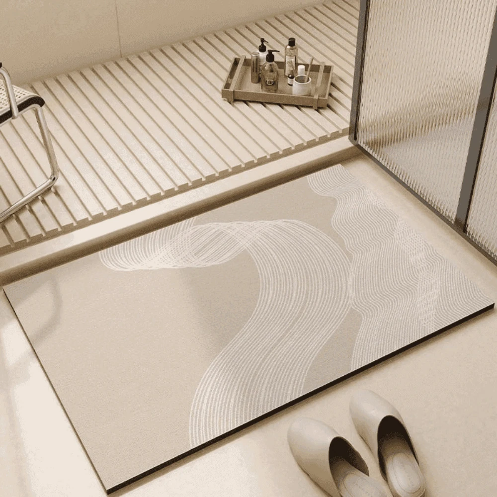 Nested Concentric Line Print Bath Mat Quick Dry Entry Rug Recessed Stripe Neutral Minimal For Home Shower Room Pad