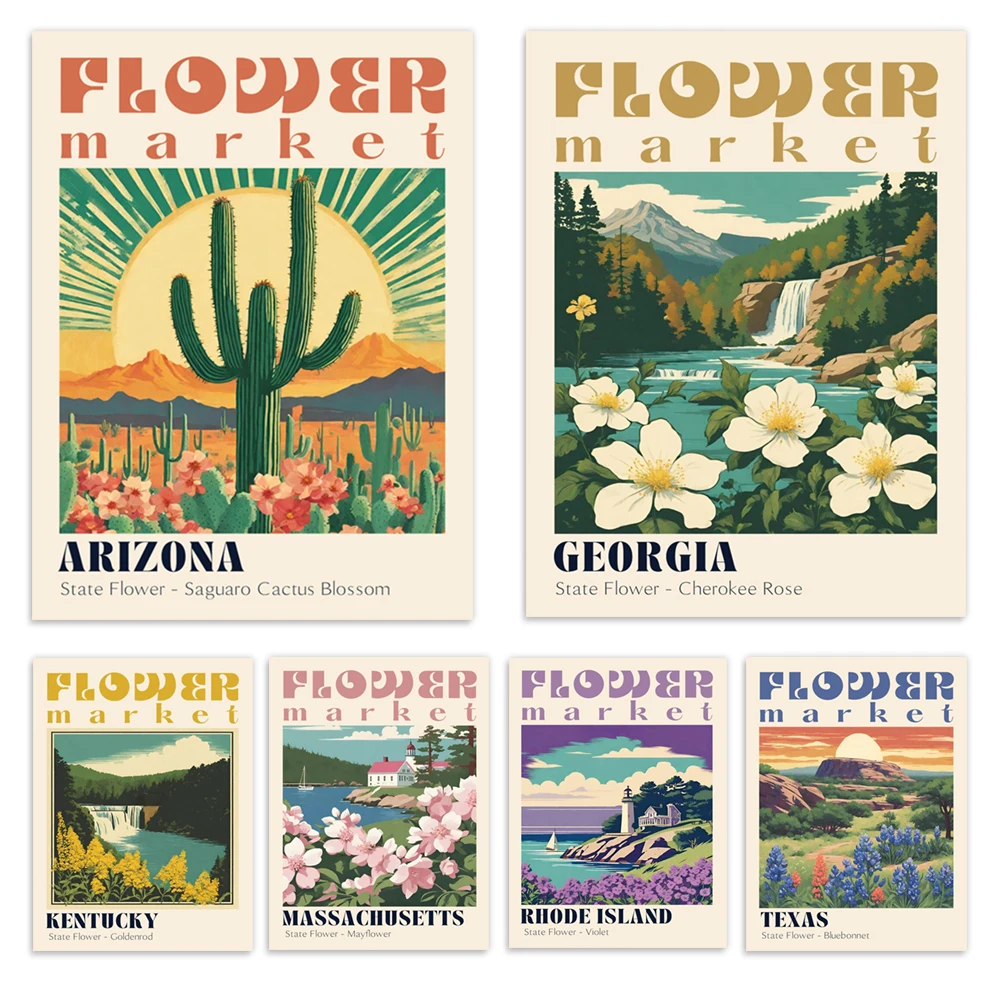 Texas, Massachusetts, North Dakota, Arizona flower market prints, Matisse flower art, bohemian fantasy flower market posters
