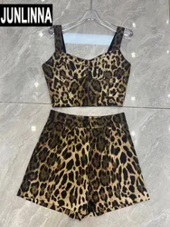 JUNLINNA Summer Women Two Piece Set Leopard Printing 100% Cotton Camisole+Shorts Sweets Suit