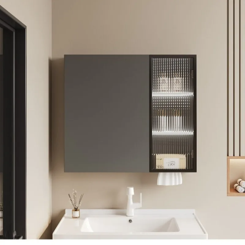 

Bathroom Mirror Smart Space Aluminum Cabinet LED Light Wall Mounted Hidden Storage Mirror Tissue Slot Household Furniture
