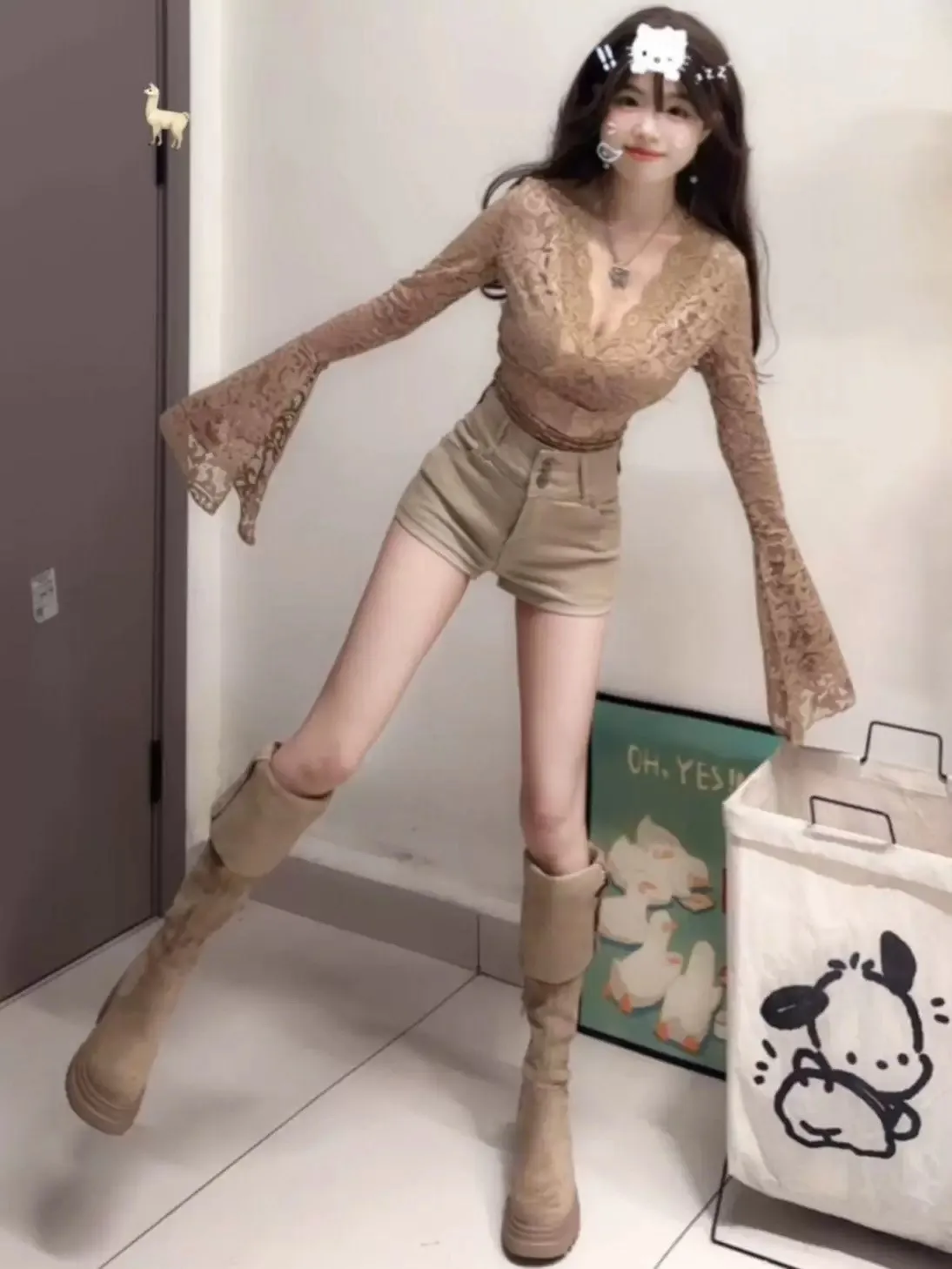 

Ele Pure Desire Deep V Bell Sve Lace Top orts Set Women's Spring Summer Sexy Faionable Two Piece Set for Young Women