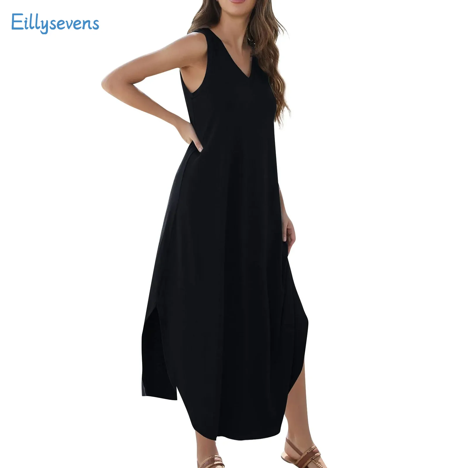 Women'S 2024 Summer New Dress Casual Loose Sundress Long Dress Solid Color Sleeveless V Neck Loose Split Tank Maxi Dresses