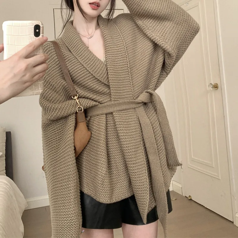 French Style Idle Sweater Cardigan Women's Autumn Winter Fitted Waist Bathrobe Lazy Fit Loose-Fit Sweater Jacket With Polo Colla