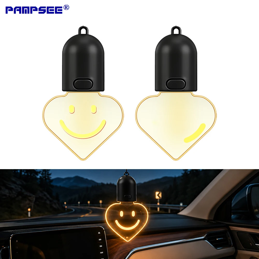 Heart-shaped Smiley Face Mini Bulb Car Ambient Light Wire-Free Rearview Mirror Hanging Ornament Interior Decoration Lamp