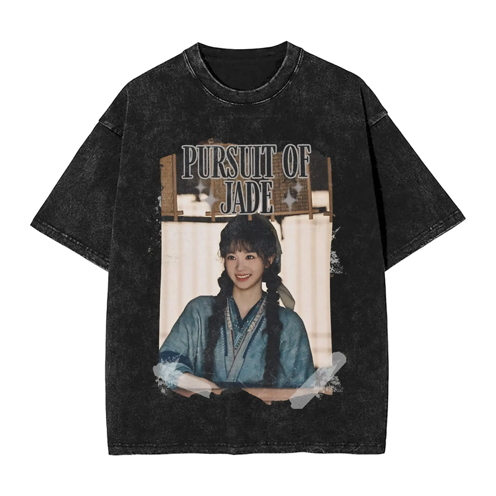 Camiseta Vintage Streetwear Lavada com Estampa Gráfica Harajuku Pursuit of Jad Drama Historical Modern para Homens e Mulheres