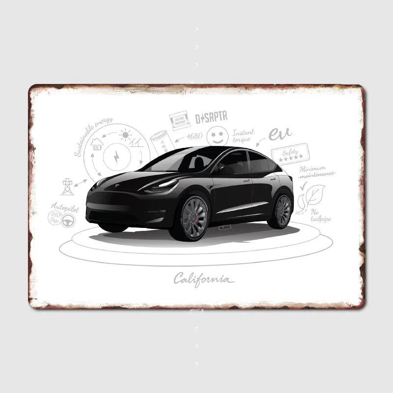 Tesla Model Y Davinci Metal Sign Wall Cave Club Bar Design Wall Decor Tin Sign Poster Room Wall Decor