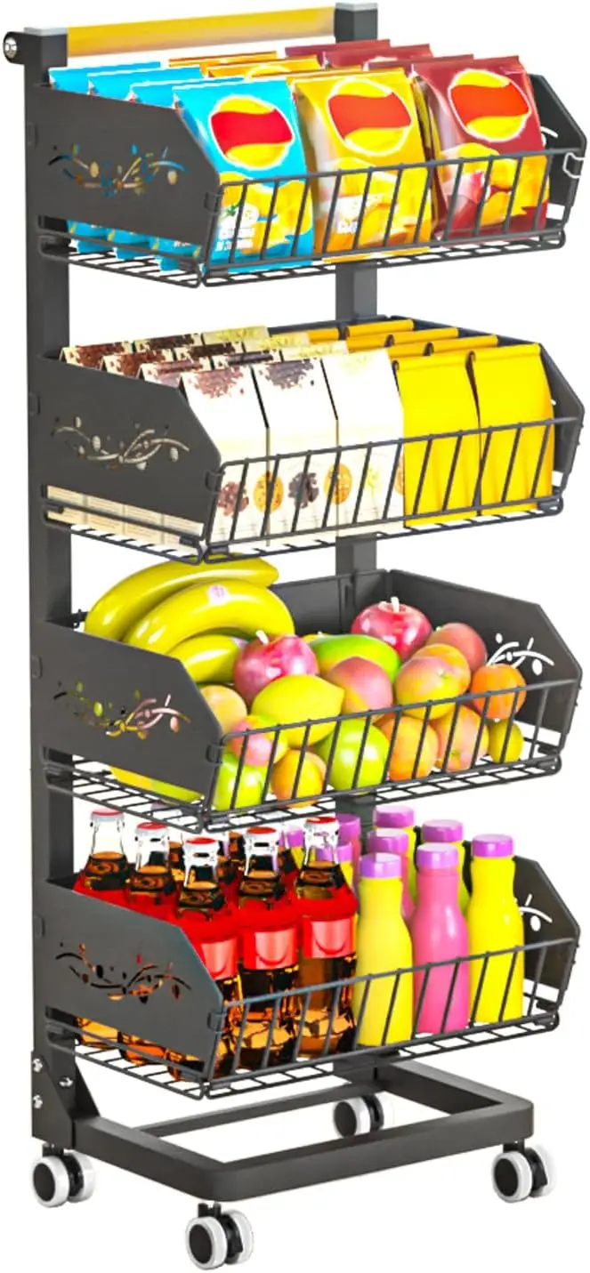 

4-Tier Rolling Snack Cart with Wheels, Removable Pantry Organizer for Kitchen Storage