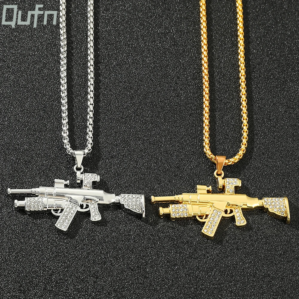 Crystal Submachine Gun Metal Necklace Men Women Hip Hop Style Pendant Jewelry Rock Rapper Charm Chic Rhinestone Gun Necklace