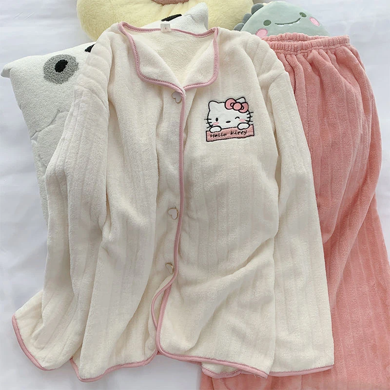 

New Sanrio Kawaii Anime Hello Kitty Wintertime Pajama Set Cute Sweet My Melody Cartoon Warm Loungewear Lovely Gifts for Girls