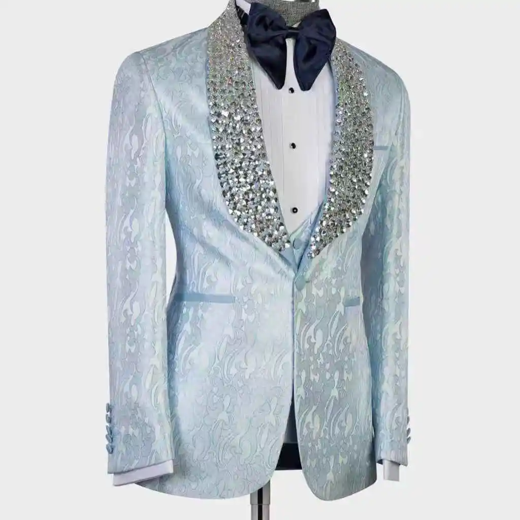 

Light Blue Men Suits Set 2 Pieces Blazer+Pants Trousers Luxury Crystals Wedding Tuxedos Jacket Formal Office Cotton Male Coat