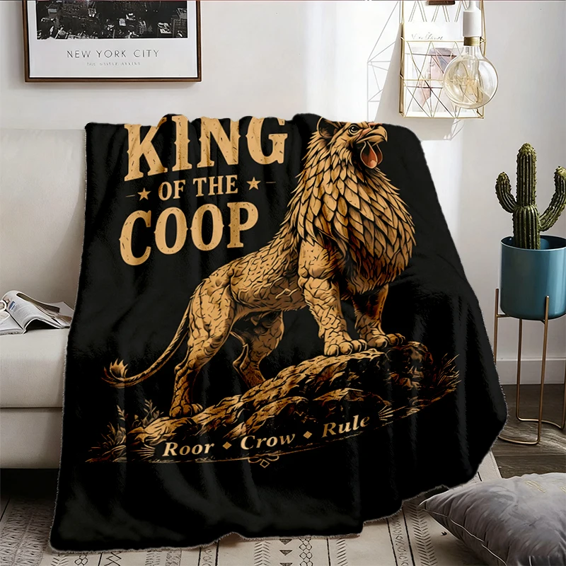 Vintage Washed Rooster Lion Hybrid Graphic Flannel Blanket, Farm Animal Meme Flannel Throw