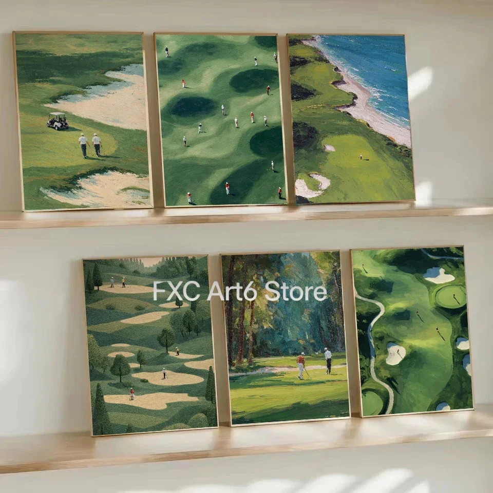 1PCS frameless Póster de lienzo abstracto retro de acuarela con paisaje verde de campo de golf, deportivo y sereno, imágenes art