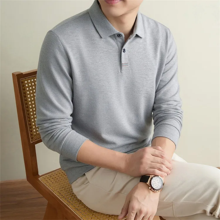 100% Mercerisierte Baumwolle Einfarbiges Business-Casual-Oberteil Herren Old Money Style Langarm-Poloshirt – Detail 40