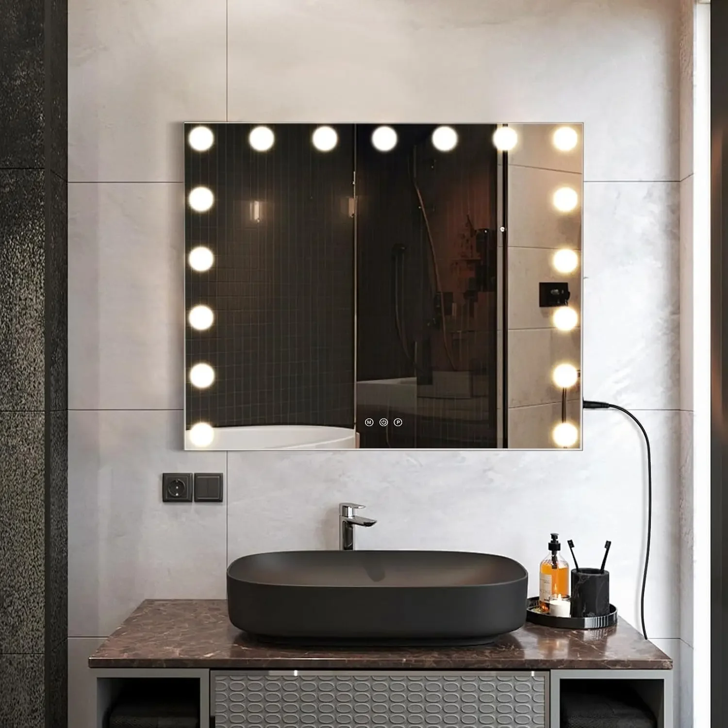 Vanity Mirror with Lights, Hollywood Makeup Mirror, 15 LED Bulbs, 3 Color Modes, Wall Mount, USB Port, Bedroom Desk