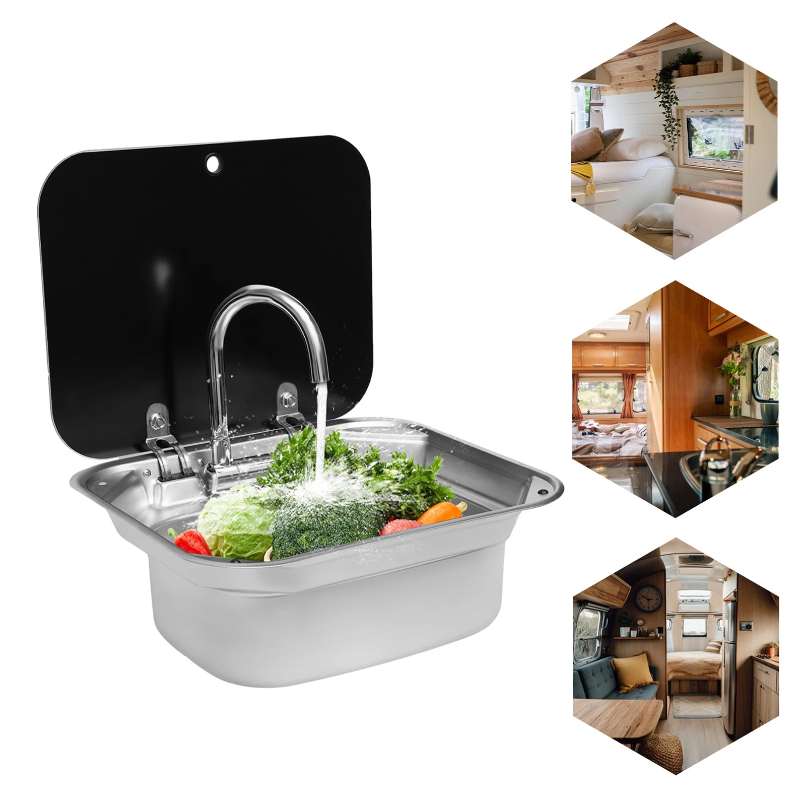 304 Stainless Steel Hand Wash Basin Sink Camper Accessories RV Sink with Tempered Glass Lid & Folded Faucet