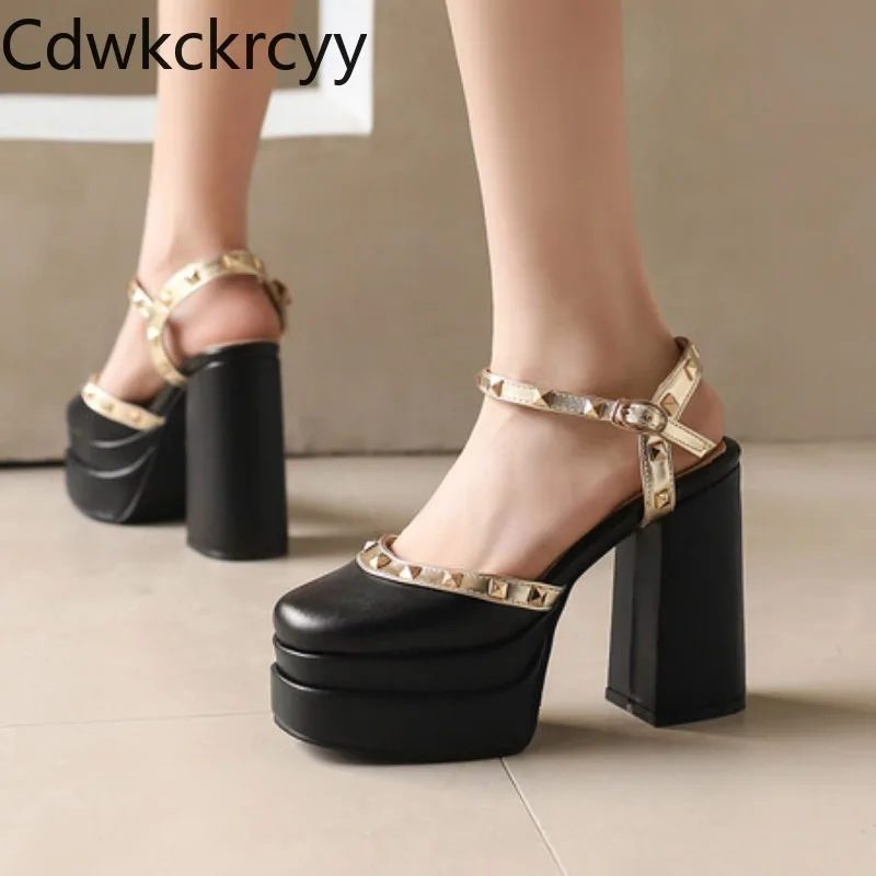 Sommer neue Stile Mode High Heels Damen Sandalen Rundkopf Metall dekoration Schnalle Square Heel Damen Sandalen hoch 12cm
