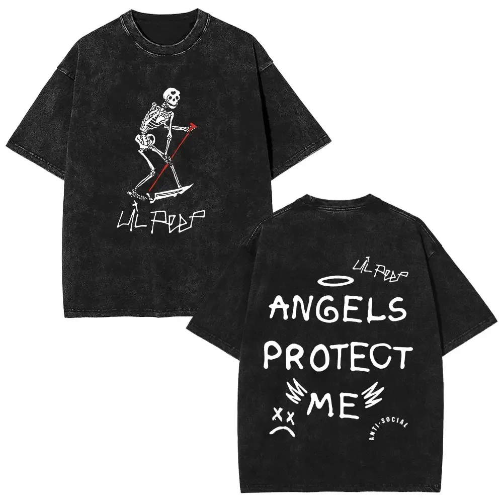 

Rapper Lil Peep Angels Protect Me Vintage Washed T Shirts Skull Graphic T-shirts Men's Women Fashion Hip Hop Oversized T-shirt