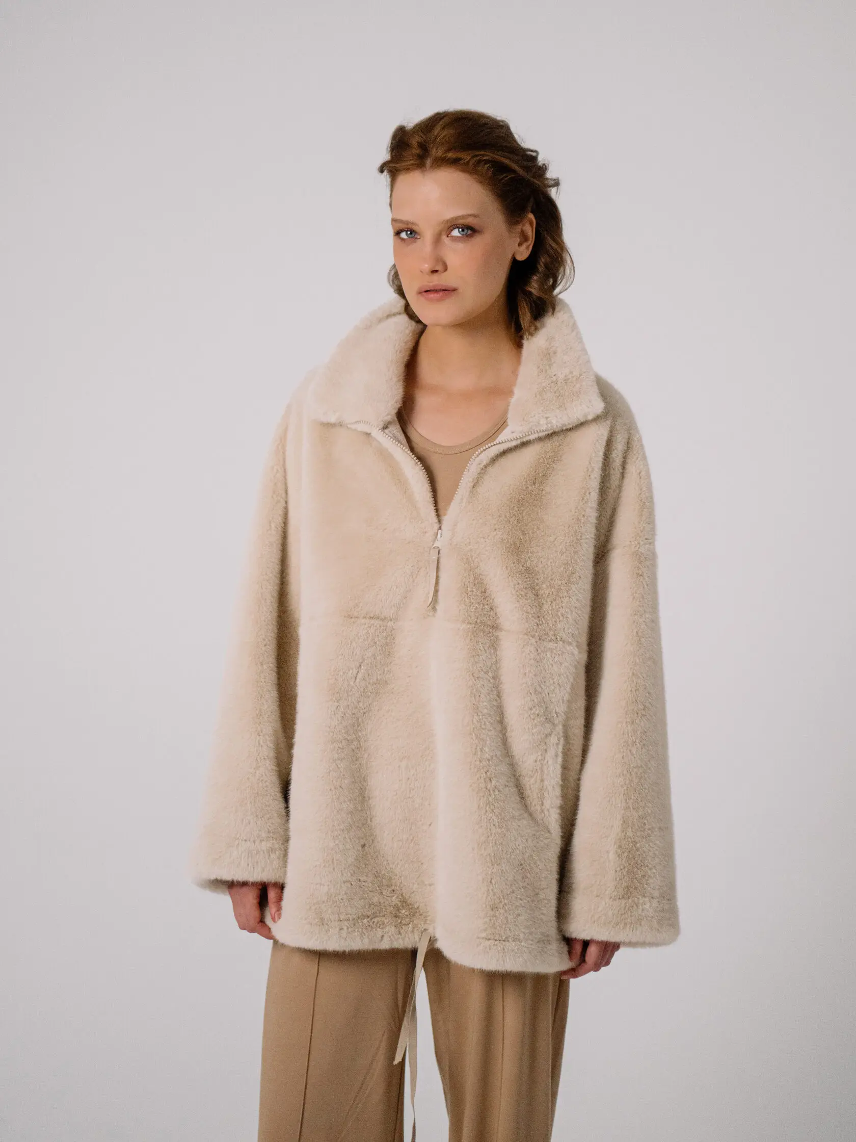 Laur 2026 Faux Mink Fur Half Zip Sweatshirt Women Stand Collar Loose Short Plush Pullover Winter Warm Casual Fluffy Jacket