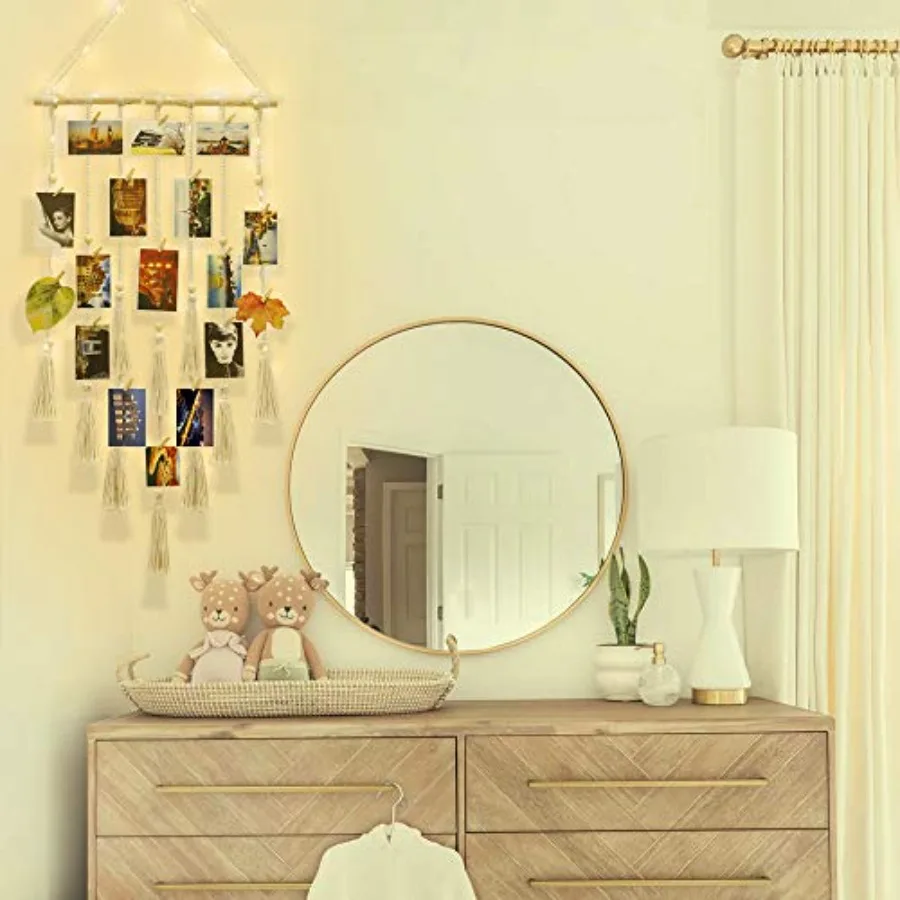 Hanging Photo Display Wall Decor Macrame Wall Hanging Boho Room Bedroom Decor Picture Frame Collage Board with Light 30 Clip Ch - Detail 1