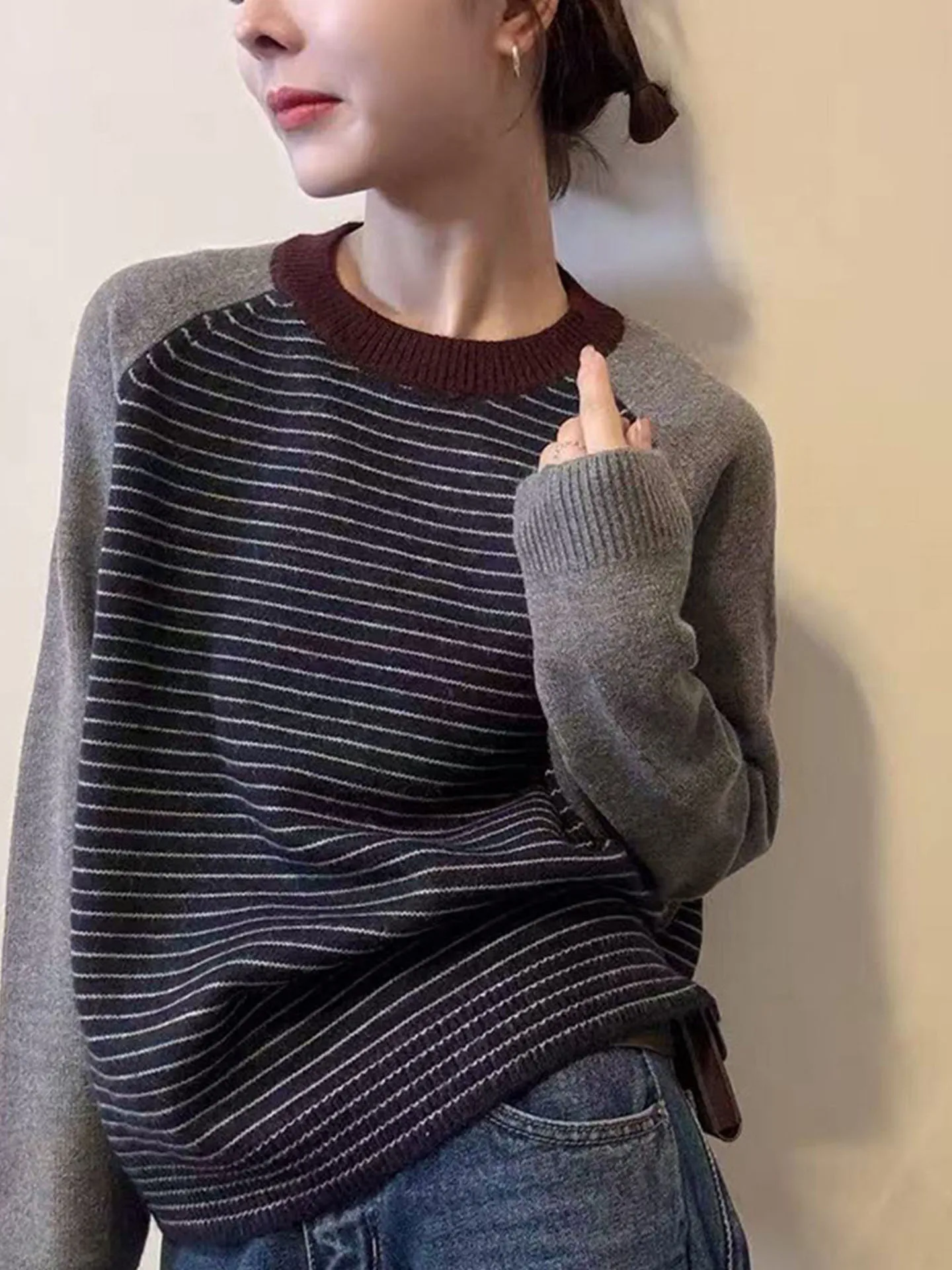 

Knitted Long Sleeve round Neck Stripe Women's Top Comfortable Slimming Versatile Autumn Winter Fashionable Casual