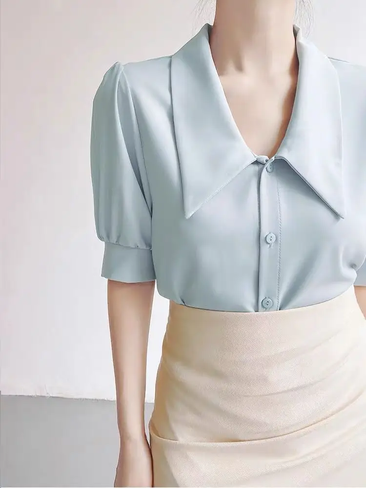 Women Short Sleeve Commuter Shirt 2024 Summer French Pointed Collar Professional Shirts Solid Female Blouses Office Lady Tops