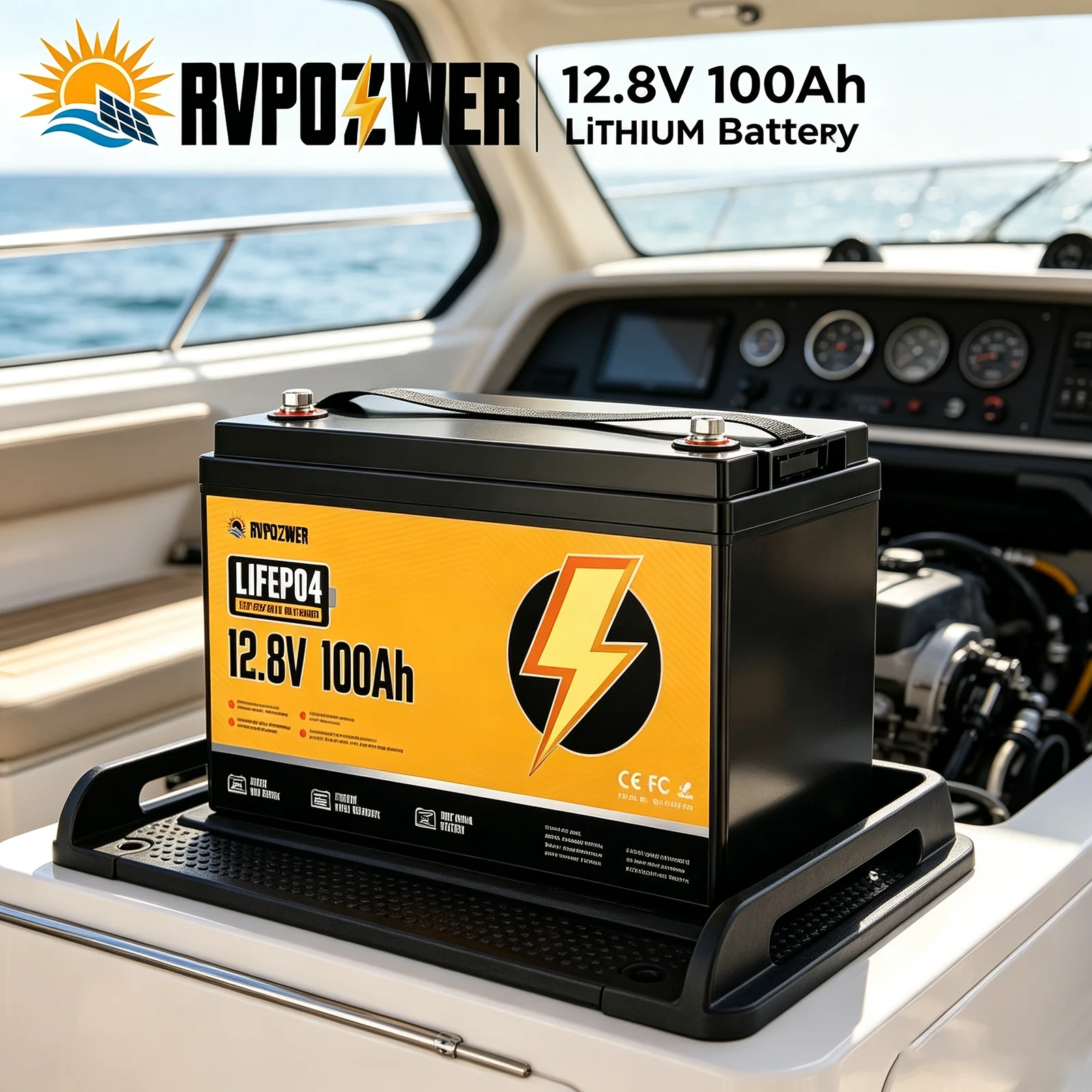 RVPOZWER, LiFePO4 Lithium-Eisenphosphat-Speicherbatterie, eingebautes 100A BMS, über 15.000 Zyklen, geringe Selbstentladung, Blei-Säure-Ersatz, für Wohnmobile, Yachten, netzunabhängige