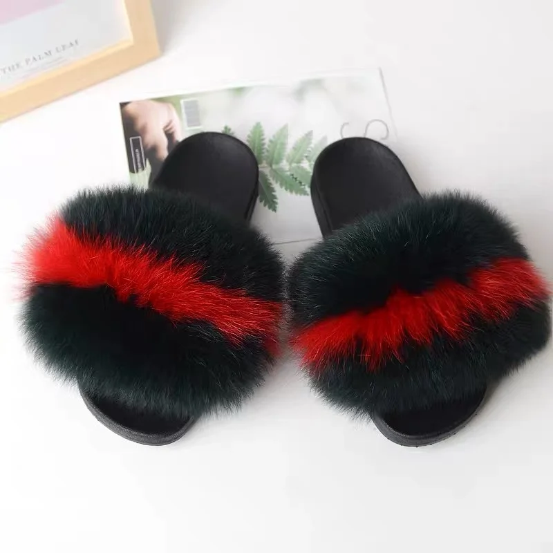 Real Fox Fur Slippers Women Fluffy Slippers With Fur Fashion Beach Shoes Plus Size Shoes Natural Fur Slippers Woman Home Slipper