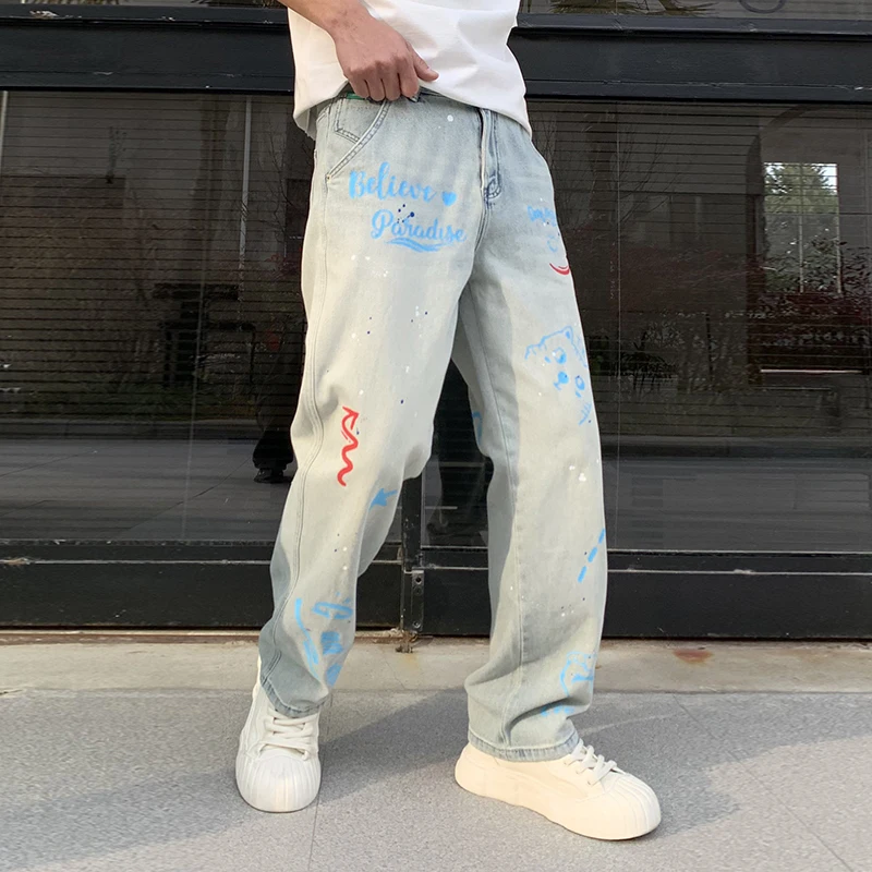 

BGC9351 Tide graffiti print loose light blue jeans men's straight retro gangster fried street wide-leg trousers
