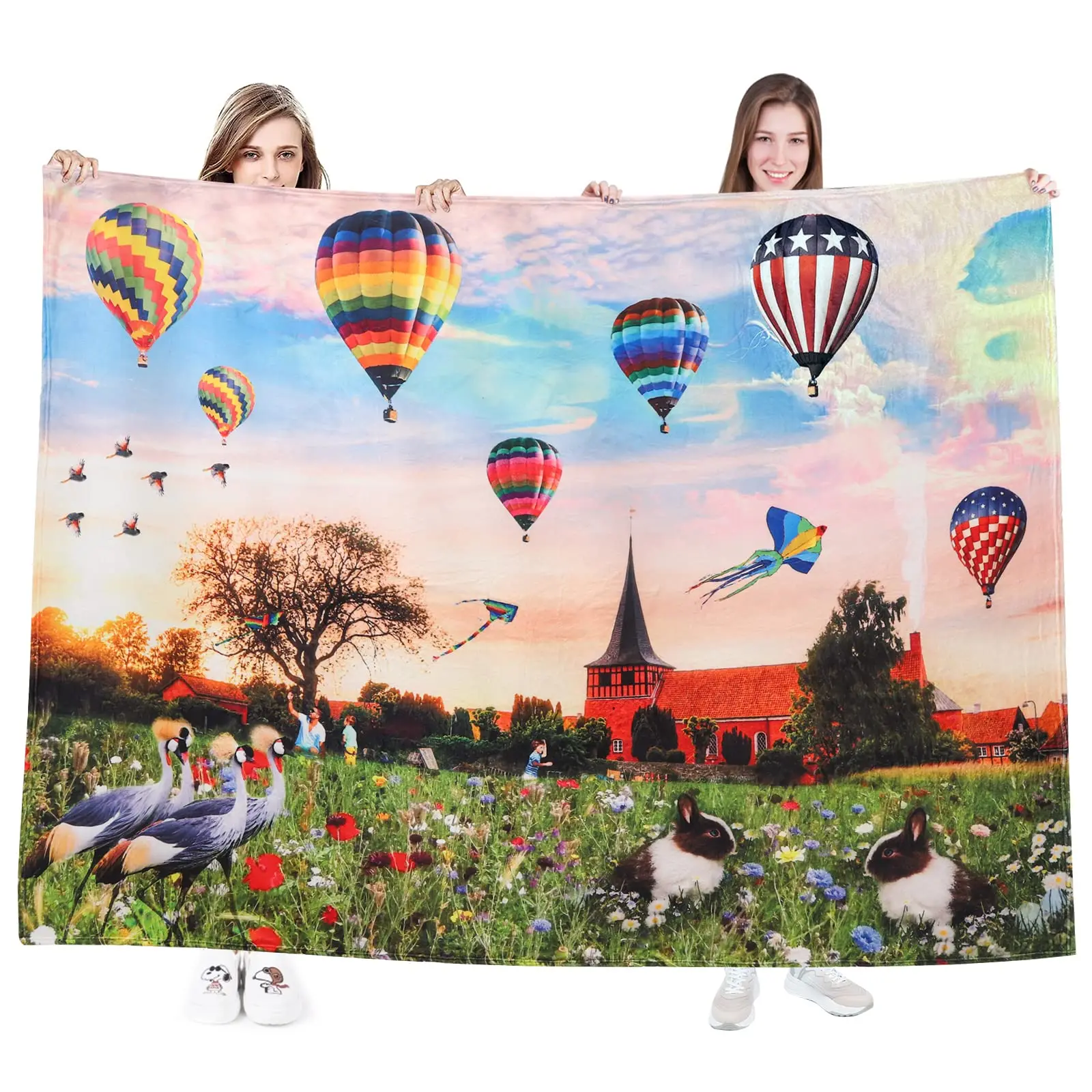 Balloon Throw Blanket Cute Watercolor Hot Air Balloons Pattern Decorative Soft Warm Cozy Flannel Plush Throws Blanket All Season