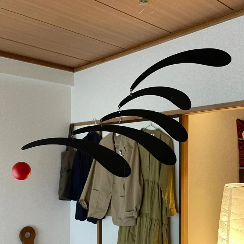 Kinetic Artistic Pendant Mid Century Hanging Ornament with Red Black Feathers Balance Wind Chime for Home Dynamic Ceiling Decor