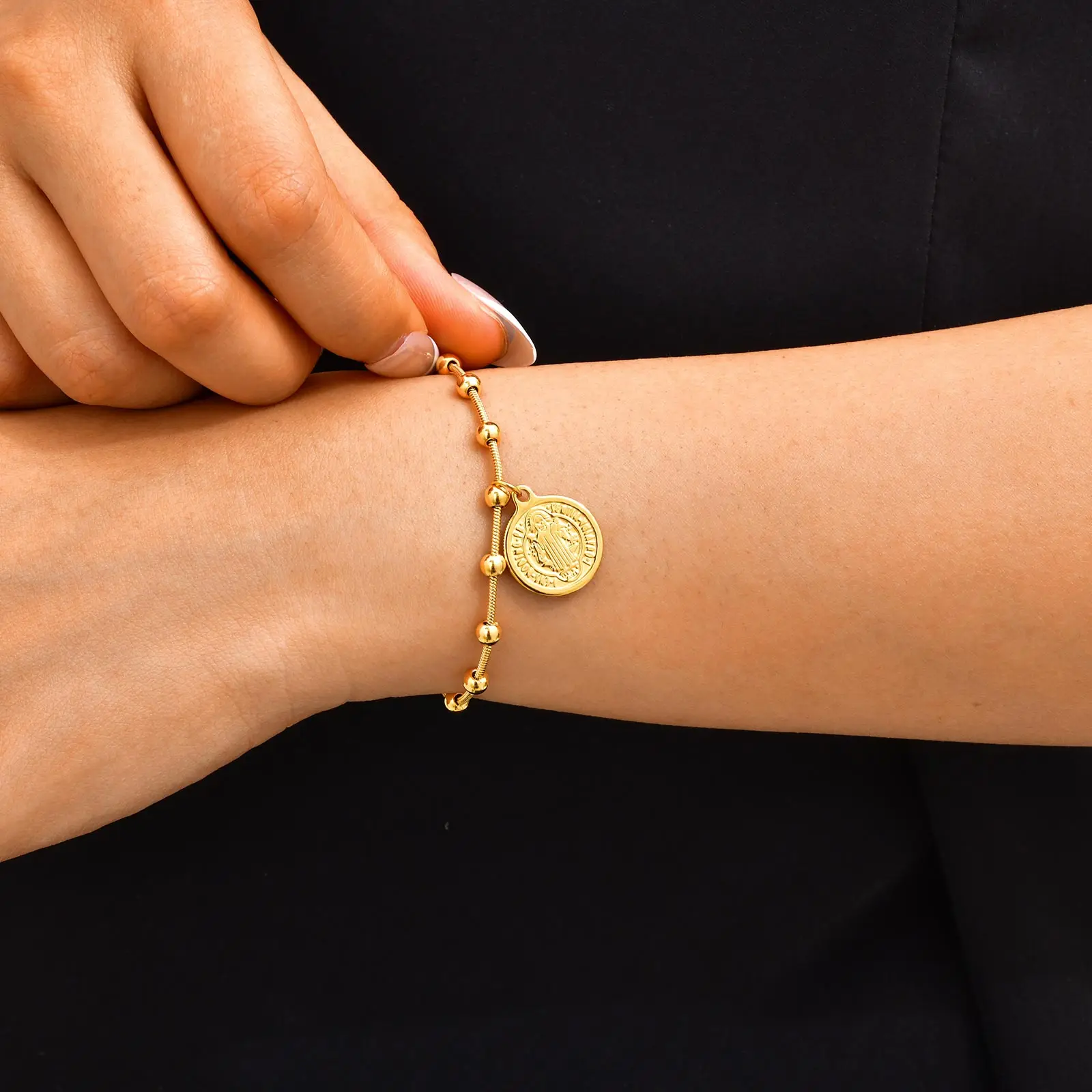 سوار سلسلة مسبحة الصليب الكاثوليكي من Vnox، أساور نسائية من الفولاذ المقاوم للصدأ مريم العذراء وسانت بنديكت، هدية الإيمان الديني #3